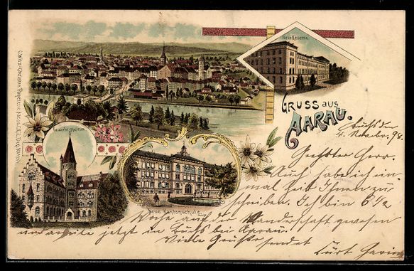 Cartoline postali: Litho Aarau, Neue Kantonschule, Neue Kas – Usato da Berlin venduto da bartko-reher
