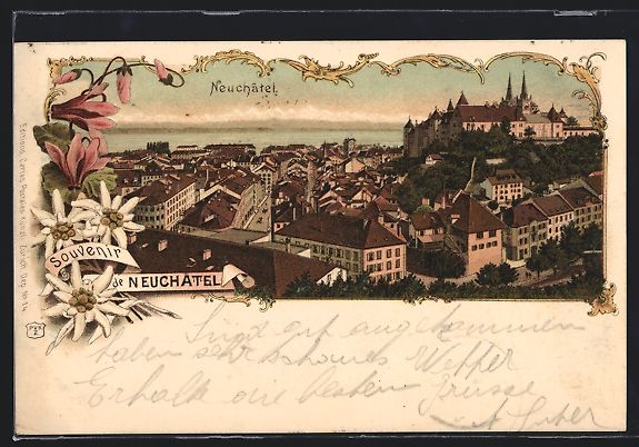 Cartes postales: Lithographie Neuchatel, Ortsansicht – D'occasion à Berlin par bartko-reher