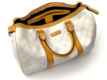 Gucci Speedy 30 Logo Natur Lederbesätze Goldgelb Sehr selten