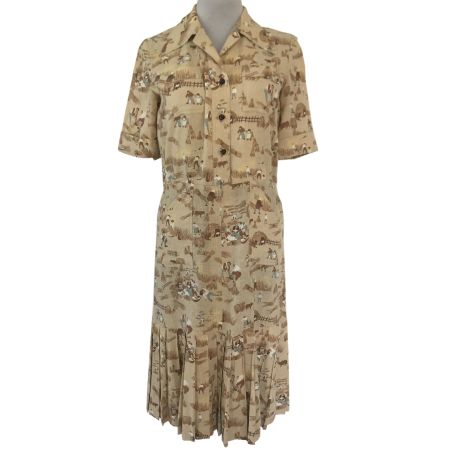 Kleid Gr. L  Baumwolle mit Ernteszenen VINTAGE 1980s