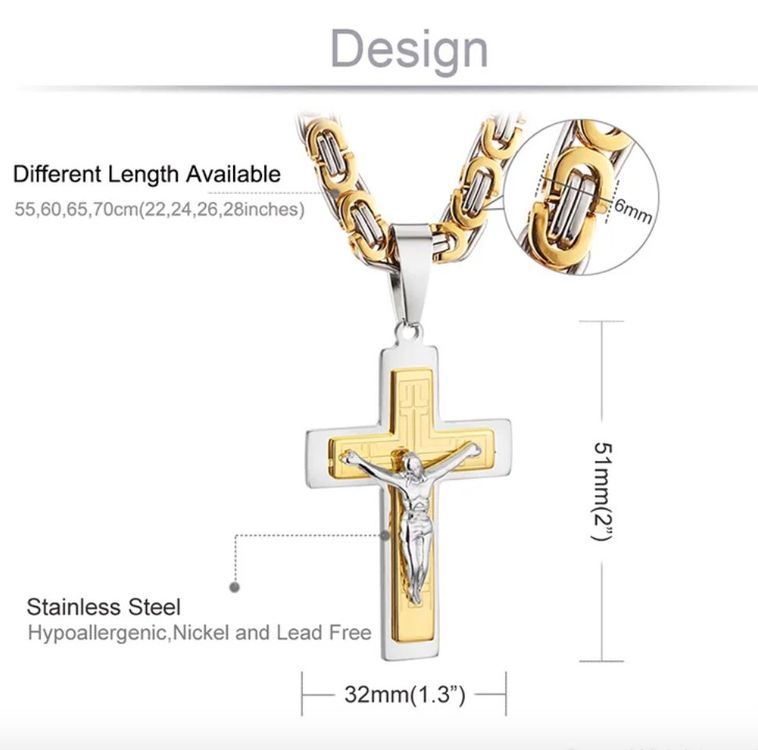 Jesus Cross Long Byzantine Chain Stainless Steel Necklaces (Neu und ...