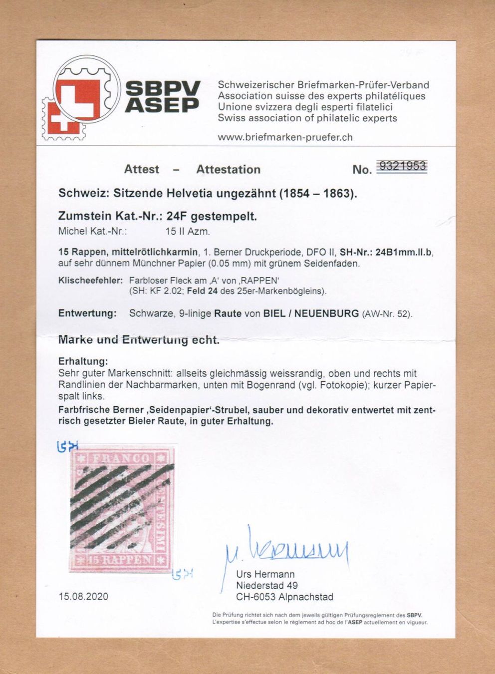 Tutti i francobolli: Strubel 24F - Attest Hermann – Usato da Bern venduto da peri02 2