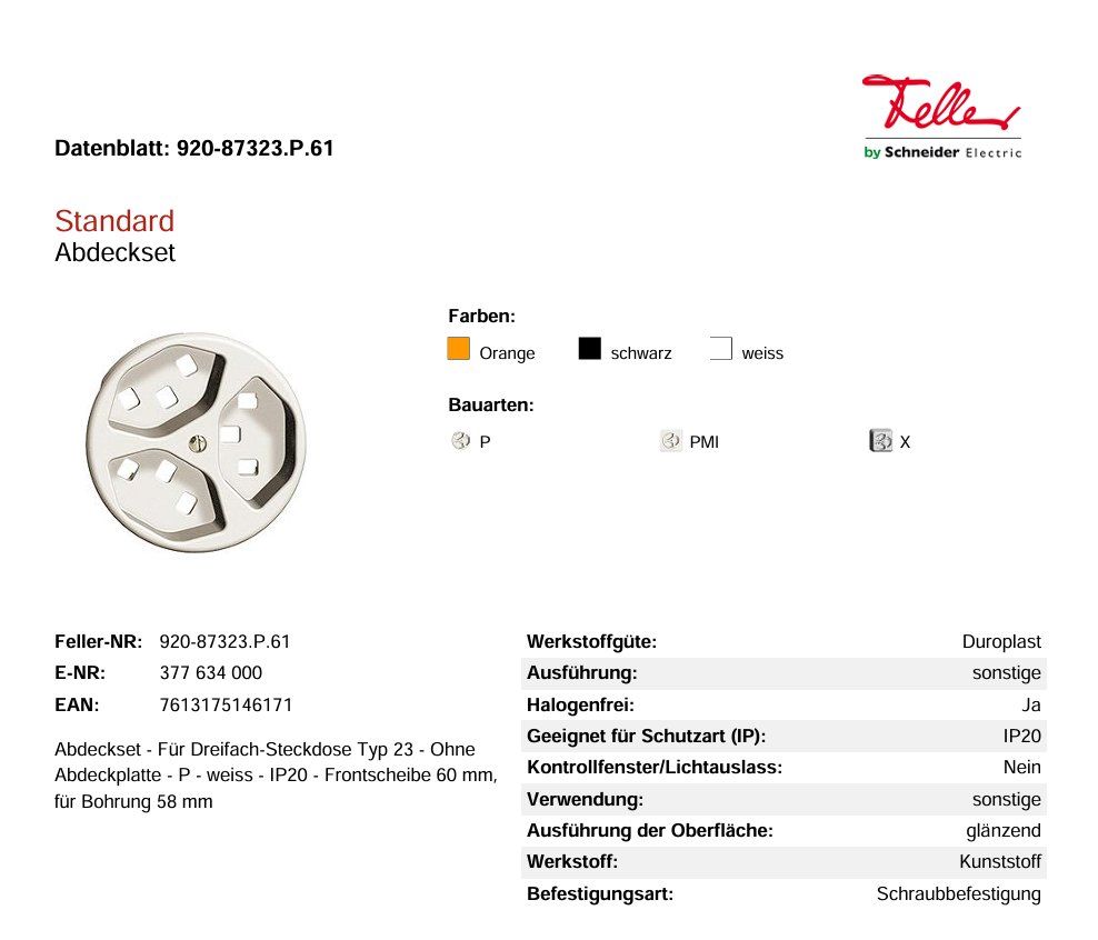 Feller Spine: Feller Frontscheibe STANDARDdue 3×T23 weiss – Nuovo (secondo la descrizione) da Root venduto da Tech-Nick 1