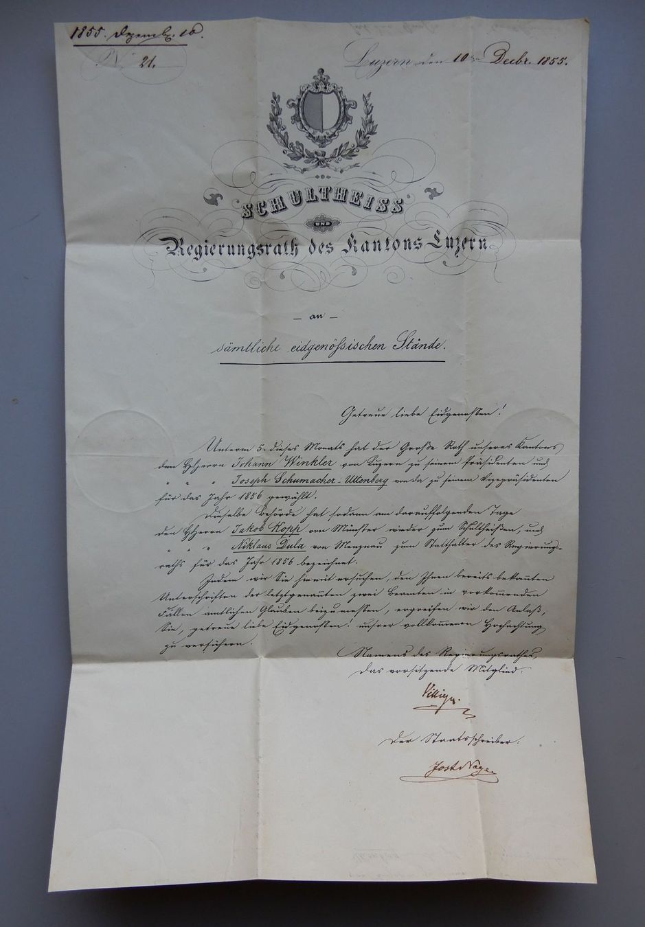 Dokumente: Luzerner Regierungsratsmitteilung 1855 – Gebraucht aus Dielsdorf von bonambler 4