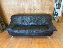 schwarzes 3er Ledersofa, späte 80er Jahre, vom Möbel Pfister