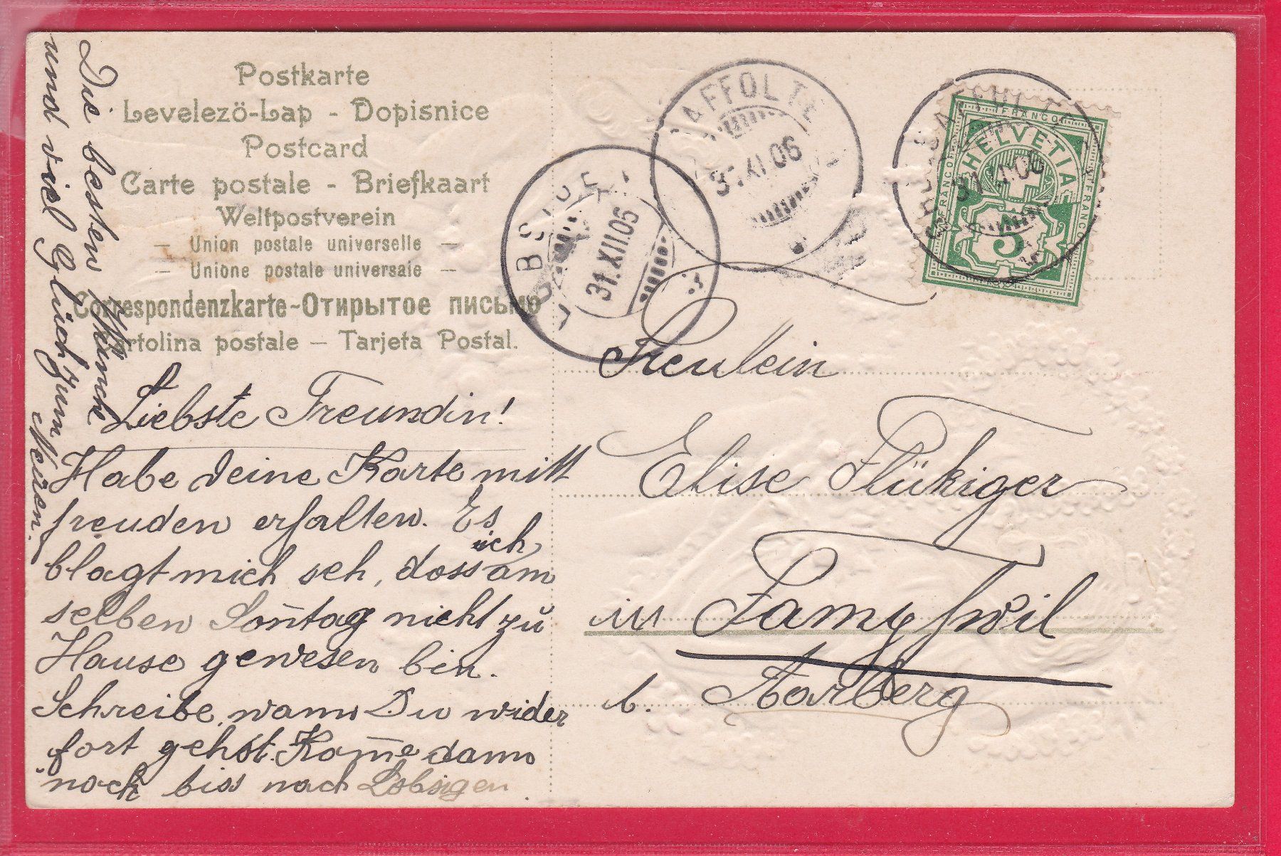 Ansichtskarten: PRÄGEKARTE, PROSIT NEUJAHR, 31.12.1906 – Gebraucht aus Oberrieden von Gebirgsstelze 1