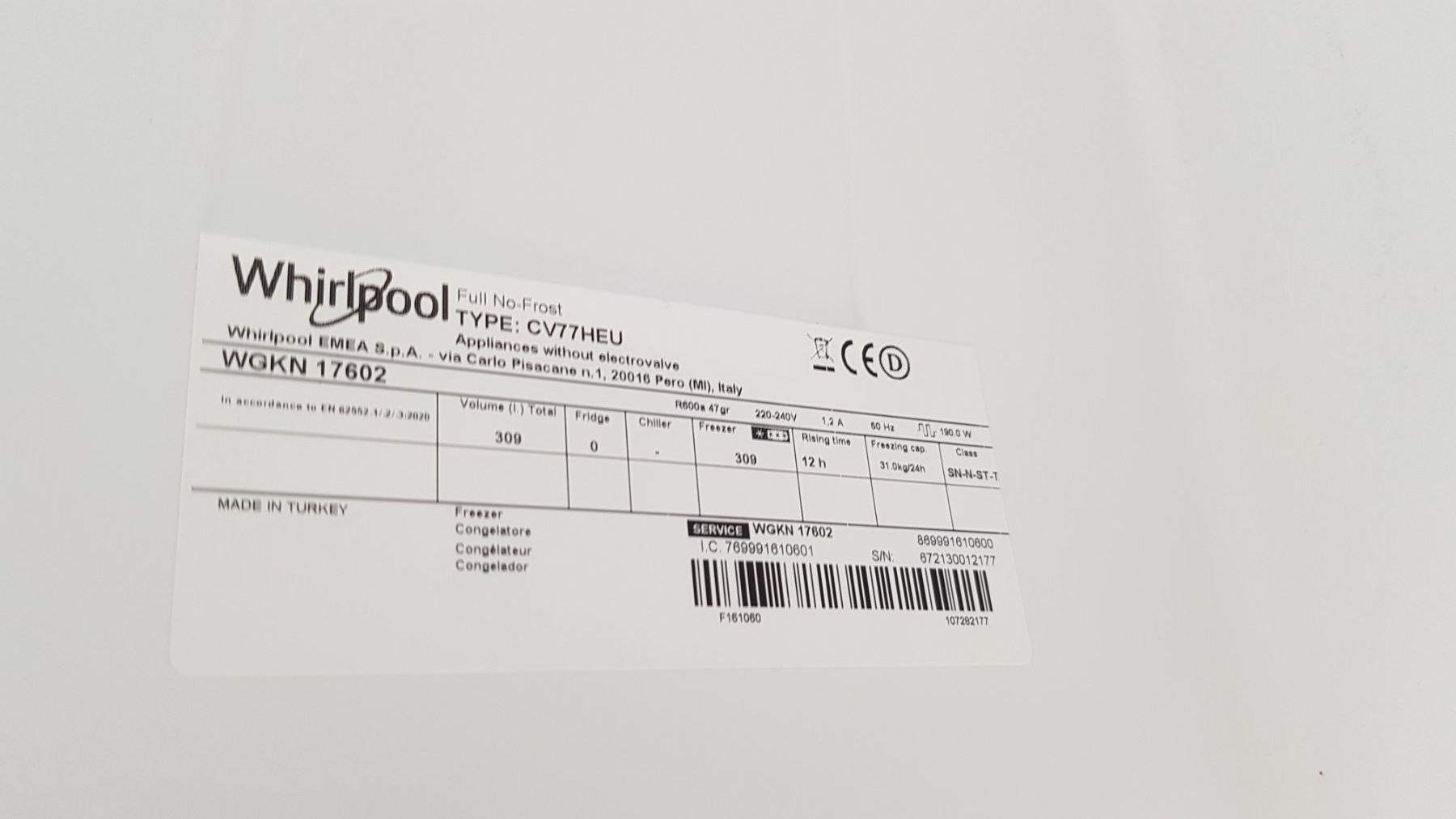 Whirlpool Congelatori: ab CHF;1.- Gefrierschrank WHIRLPOOL Type: CV77 HEU – Difettoso da Biel / bienne venduto da Sarouch9 6