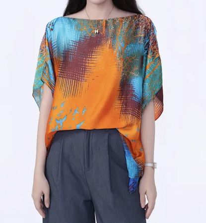 Camicia Poncho-Foularddi seta fantasia uccelli,multicolore