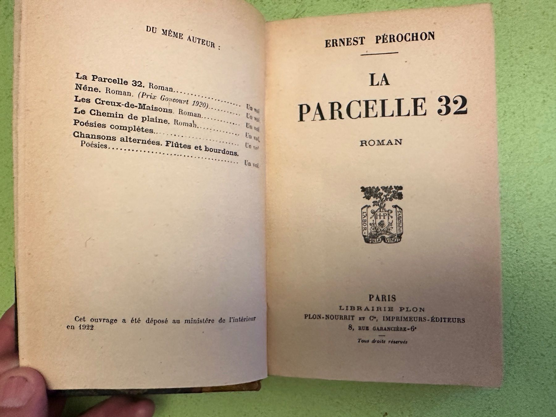 Libri: Ernest Pérochon: La parcelle 32. 1922 – Usato da Zürich venduto da allp 2