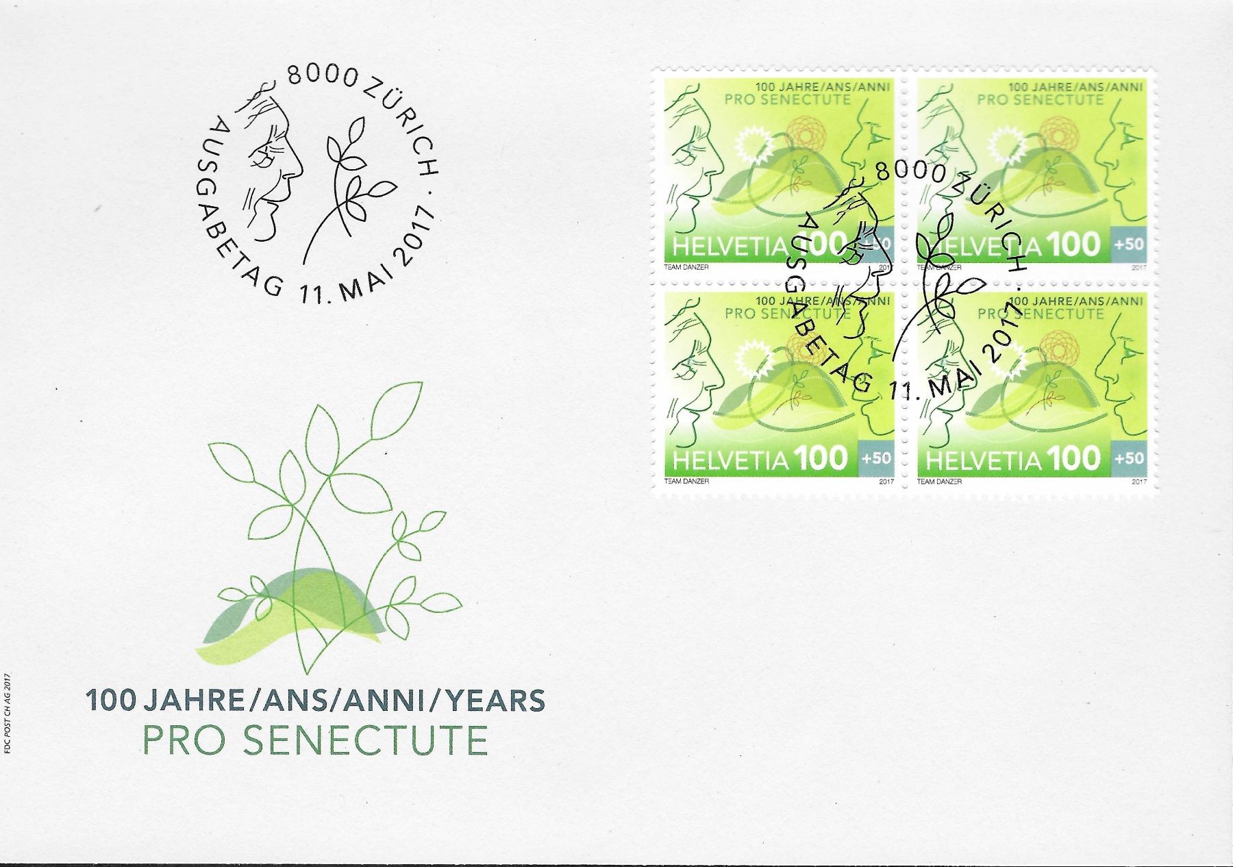Tutti i francobolli: 2017 FDC 100 Jahre Pro Senectute - Viererblock – Usato da Eggersriet venduto da glasshouse3egg