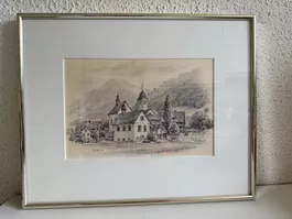 Original Zeichnung Werner Luzi, 1972, gerahmt (Blatten)