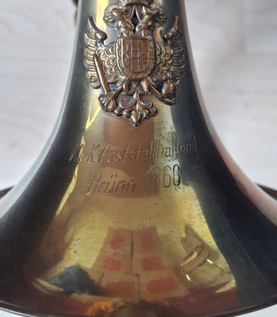 Musikinstrumente: Antikes Posthorn, Messing 1866 – Gebraucht aus Siebnen von Leissav 2