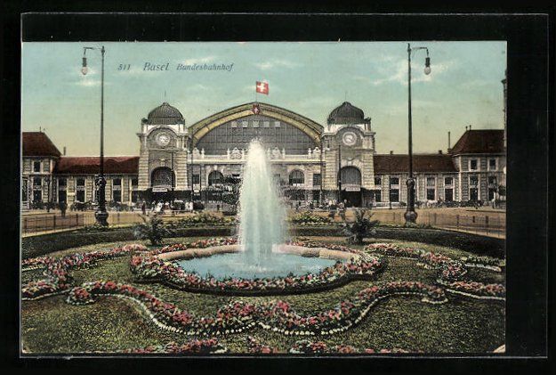 Cartoline postali: AK Basel, Hauptbahnhof mit Springbrunnen – Usato da Berlin venduto da bartko-reher