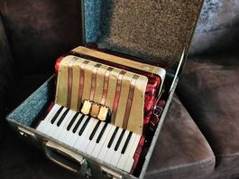 Rotes Hohner Tastenakkordeon mit Koffer