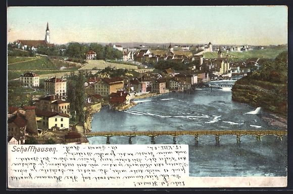 Cartoline postali: AK Schaffhausen, Teilansicht mit Brücke – Usato da Berlin venduto da bartko-reher