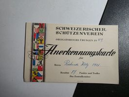 Anerkennungs-Karte Schweiz. Schützenverein 1949