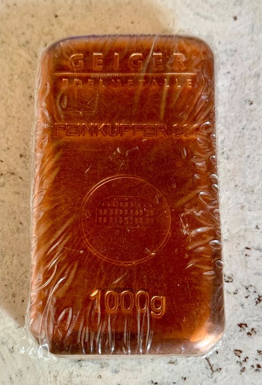 1.000 g Kupfer Barren, 1 Kg Riegel höchster Qualität .999 Degussa