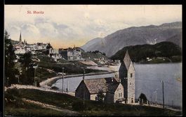 AK St. Moritz, Blick auf Kirche und See