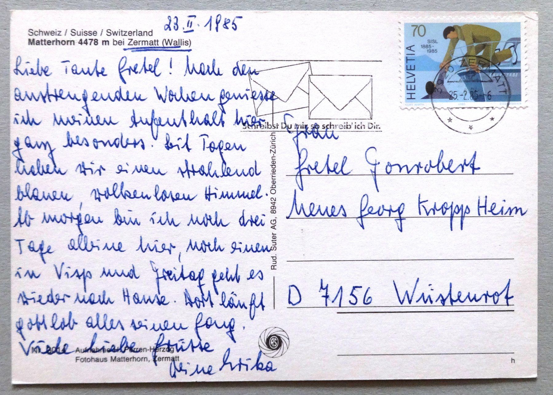 Cartoline postali: Matterhorn 4478 m bei Zermatt – Usato da Fétigny venduto da Billy2miny 1