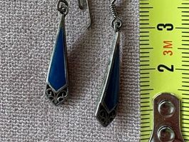 Art Deco Style Blue Enamel Sterling Silver Dangle Earrings