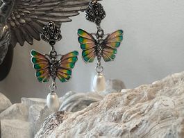 Ohrringe Tiffany Technik bunt Silber SW Perle Schmetterling