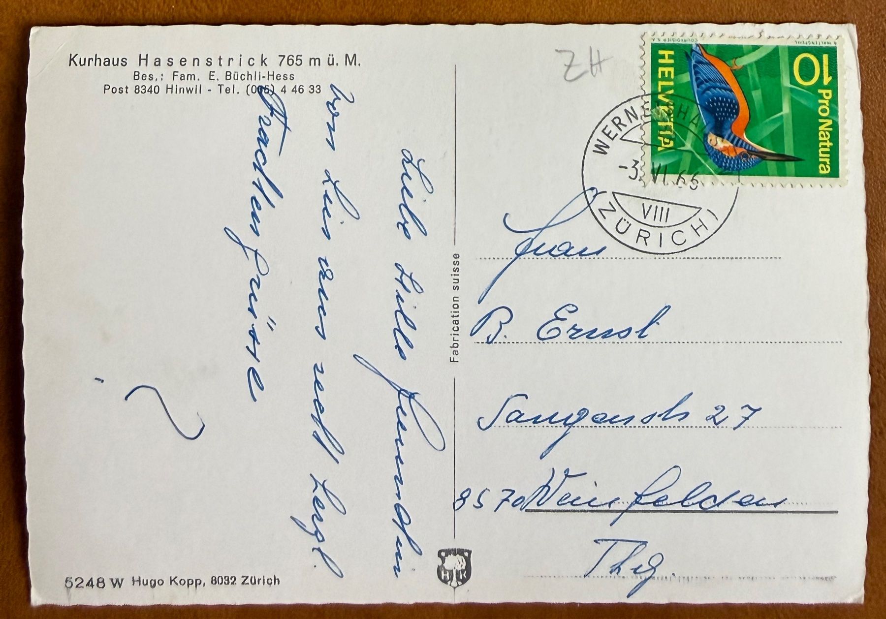 Cartoline postali: Hinwil - Kurhaus Hasenstrick 1963 – Usato da Lutry venduto da Ediego 1