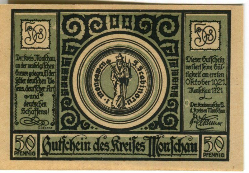 Banknoten: Notgeld "50 Pfennig.  Monschau 1921" – Gebraucht aus Basel von Butsch5 1
