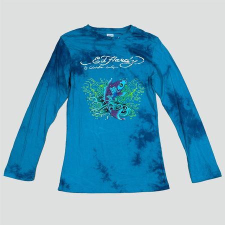 Ed Hardy Langarmshirt Grösse S Fisch Koi blau grün Batik ...