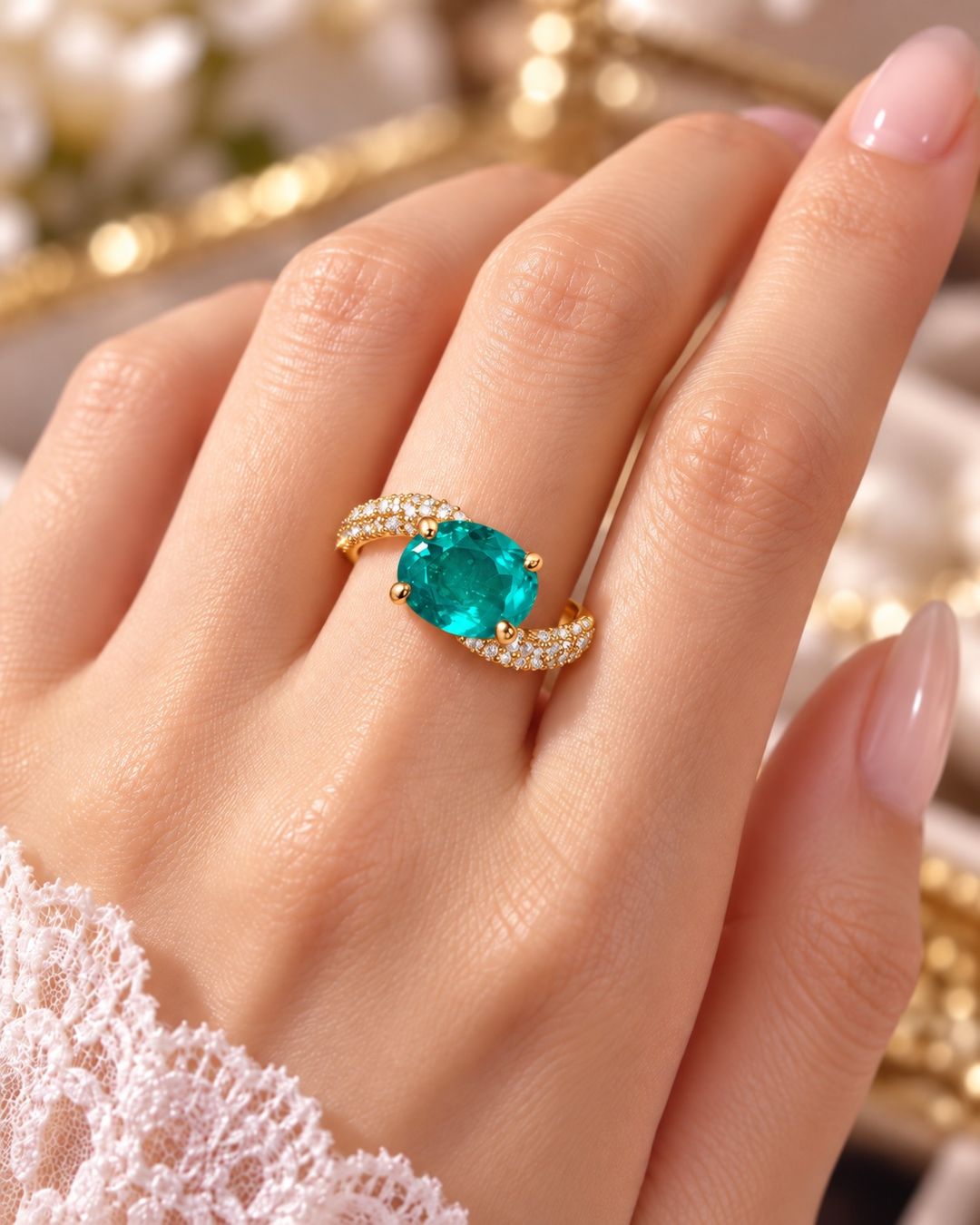 Anelli: Bague dorée pierre verte et zircons – Nuovo e nell'imballaggio originale da St-Maurice venduto da Sandrinette123 1