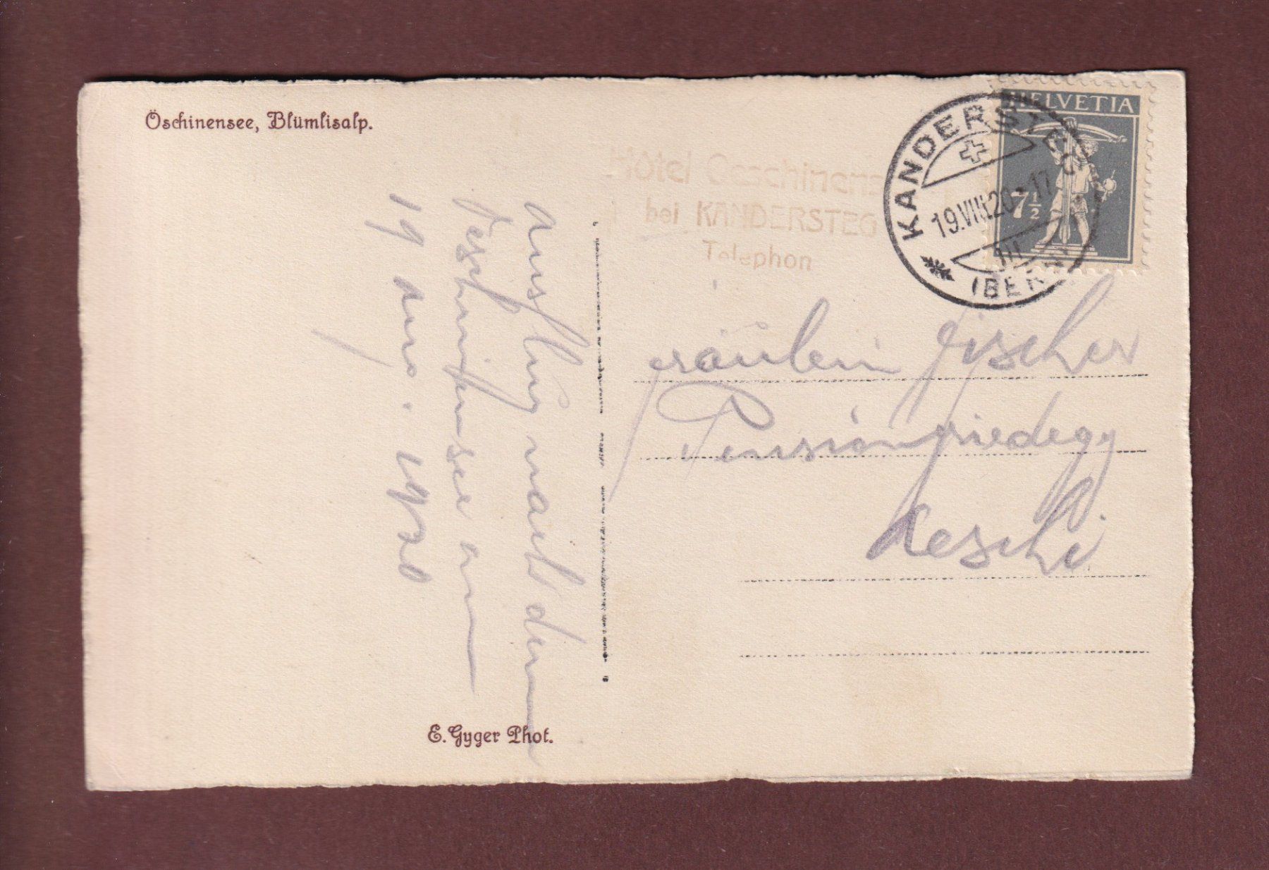 Cartoline postali: OESCHINENSEE - Blümlisalp - 1920 E. Gyger – Usato da Pully venduto da nicecards-shop 1