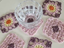 6 Gehäkelte Glas/Tassen Untersetzer, Coaster Handmade Lilac