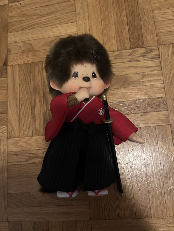 MONCHHICHI BOY Sekiguchi 7H White Maneki Neko Lucky Cat Costume Monkey Doll Toy