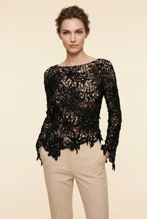 Top Crochet Noir Sequins Manches Longues T. S