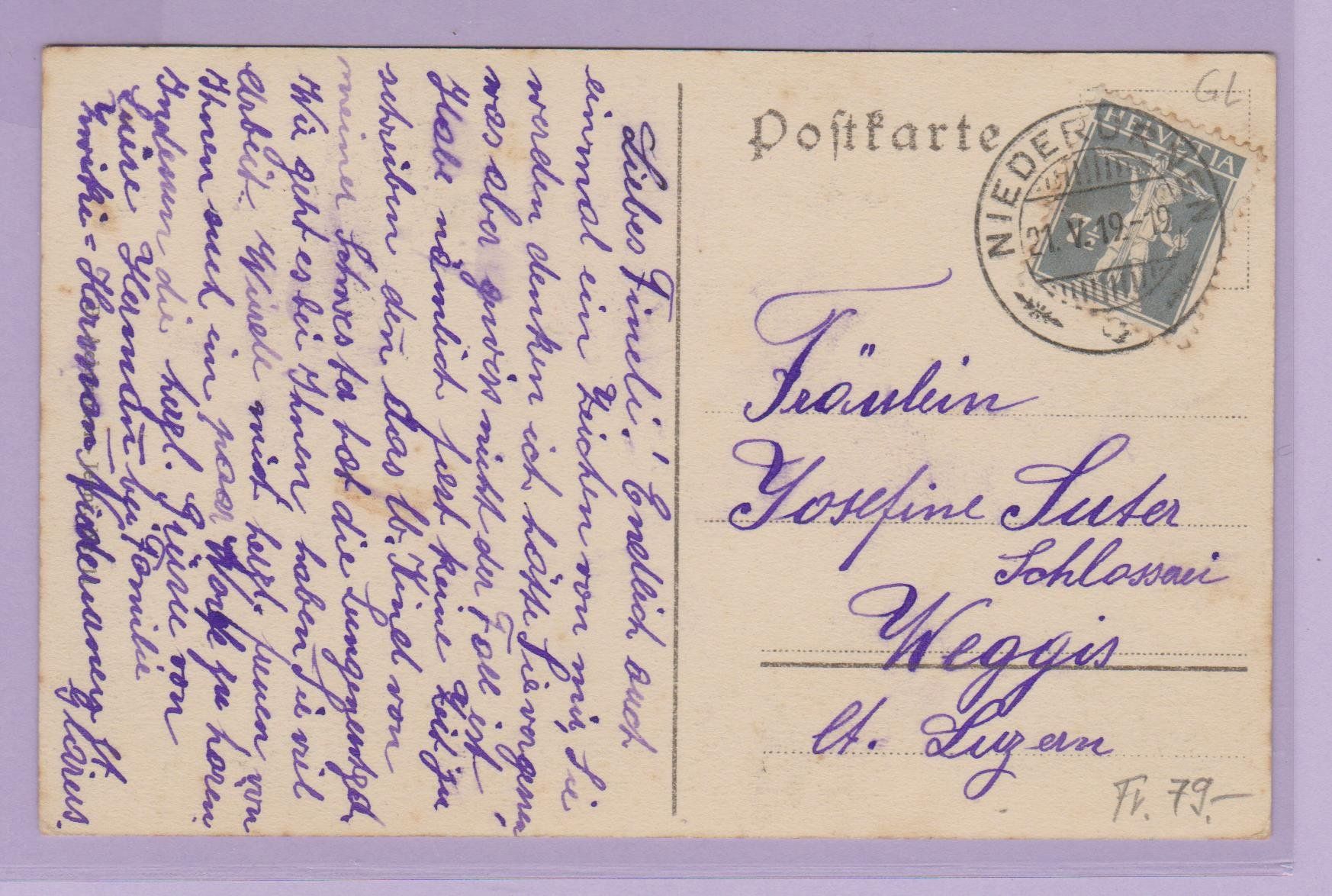 Cartoline postali: Niederurnen mit Anserdorf  -  alte Ansichtskarte von 1919 – Usato da Vitznau venduto da Ropaku 3