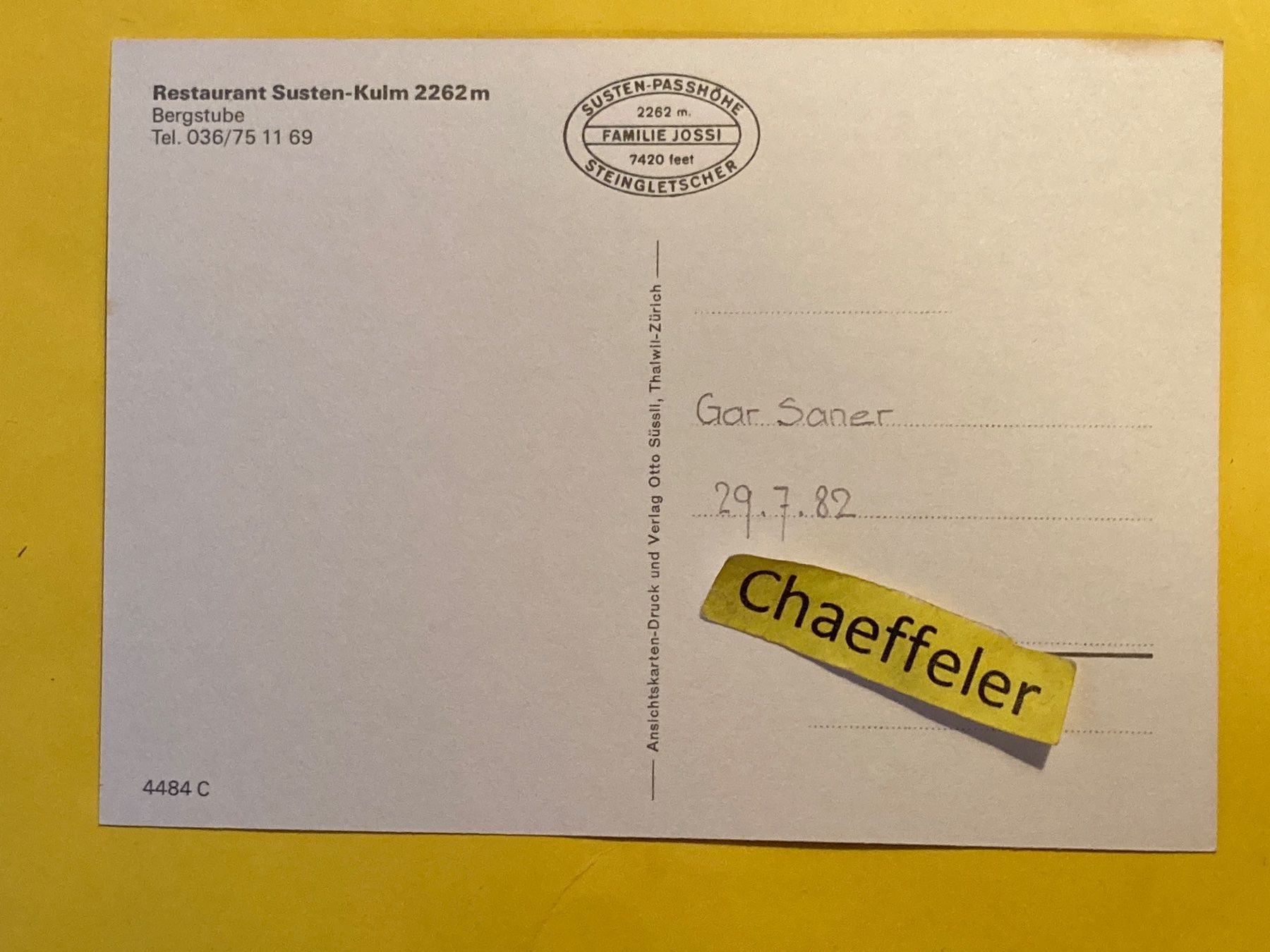 Cartoline postali: 1982 Restaurant Susten-Kulm – Usato da Zürich venduto da Chaeffeler 1