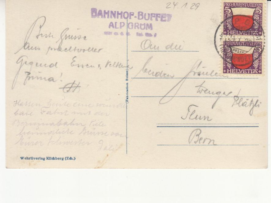 Cartoline postali: Alp Grüm 1929 mit ST Bahnhofbuffet – Usato da Bürglen TG venduto da StampGraf 1