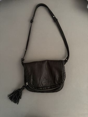 Umhaengetasche Leder schwarz mit Quaste und Blumenfutter gut