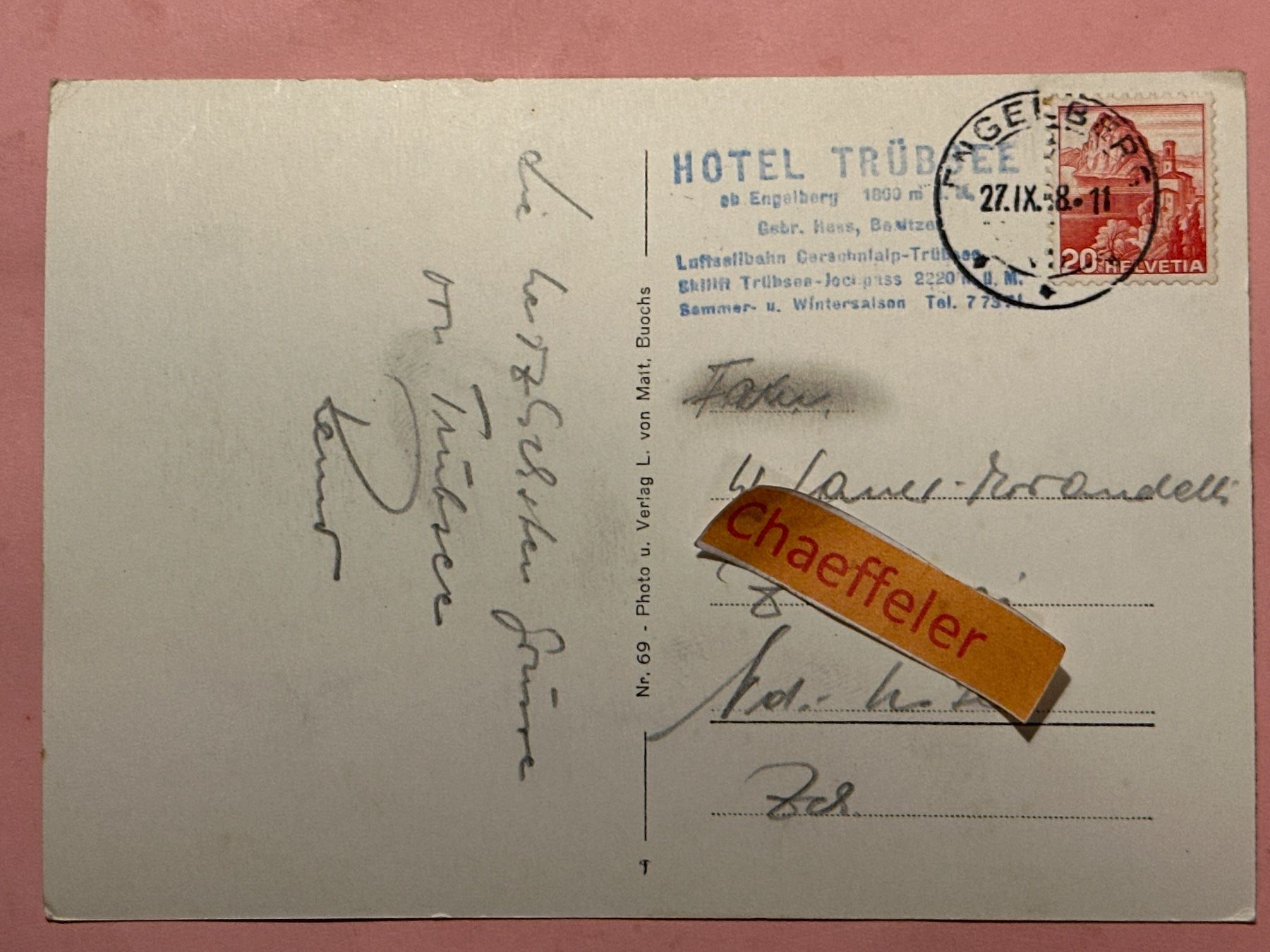 Cartoline postali: 1948 Trübsee mit Blick gegen den Jochpass – Usato da Zürich venduto da Chaeffeler 1