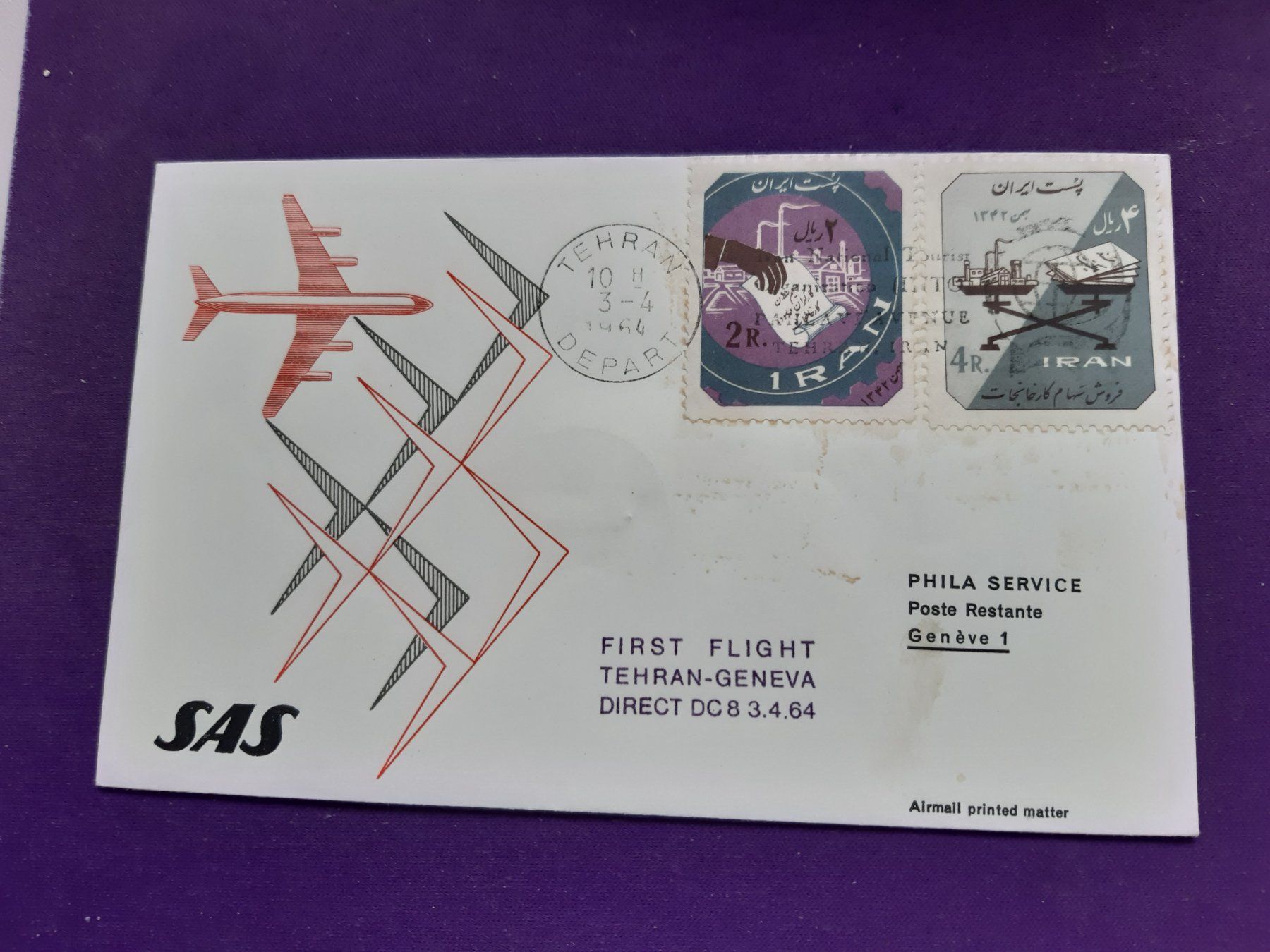 Tutti i francobolli: Erstflugbrief TEHERAN - GENEVA vom 3.4.64 – Usato da Wangs venduto da weisstannen01