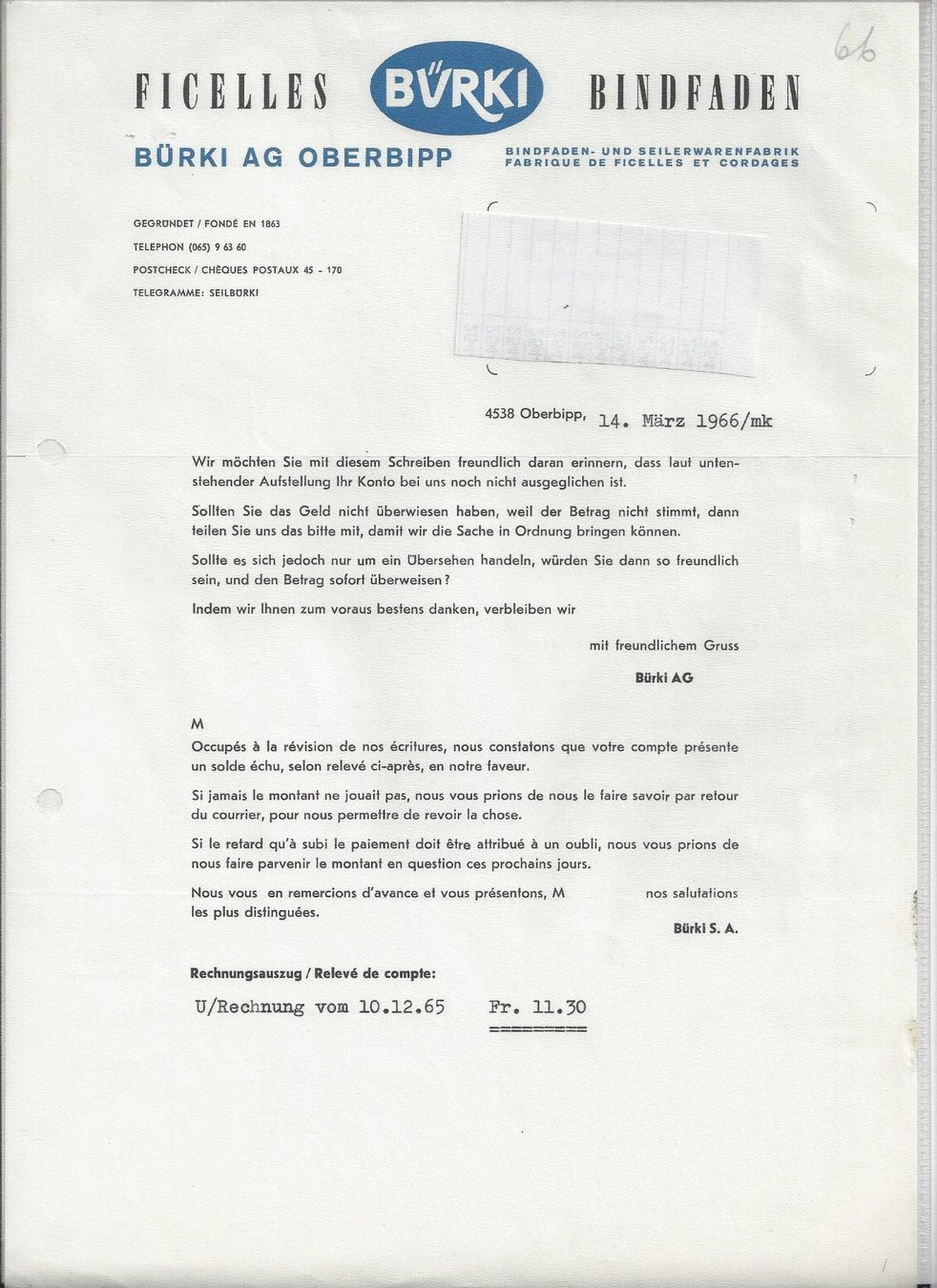 Documenti: Oberbipp, Bürki Bindfaden 1966 – Usato da Bettlach venduto da 1saurer
