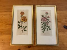 Zwei Blumenbilder mit Rosen im Goldrahmen gebraucht