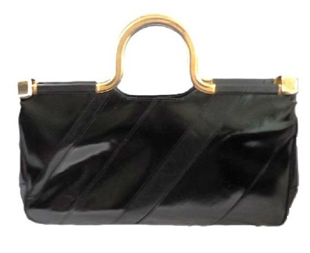 VINTAGE Handtasche Leder schwarz solider Handgriff in gold