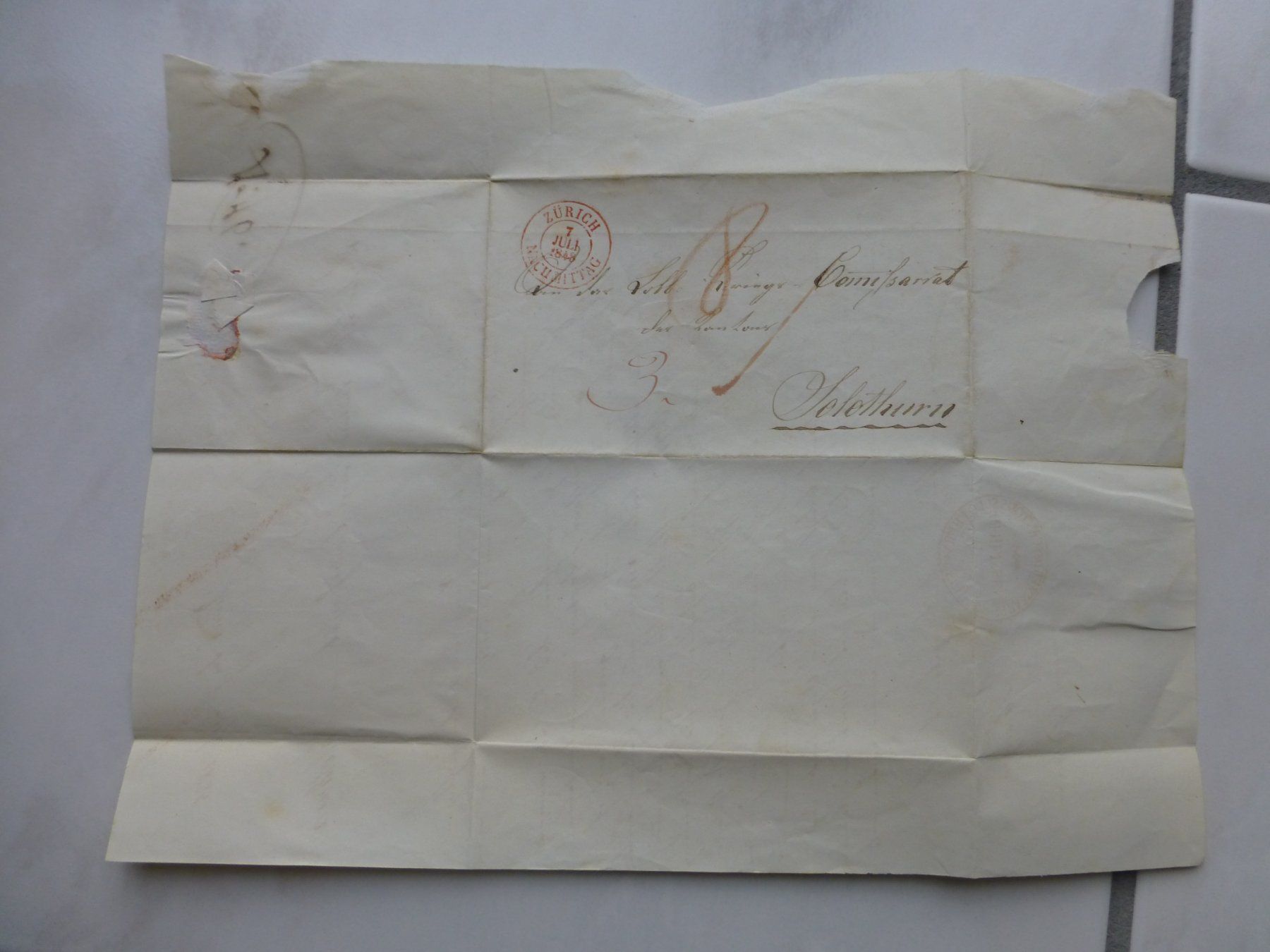 Dokumente: Zürich nach Solothurn 7.Juli 1848 – Gebraucht aus Bettlach von 1saurer