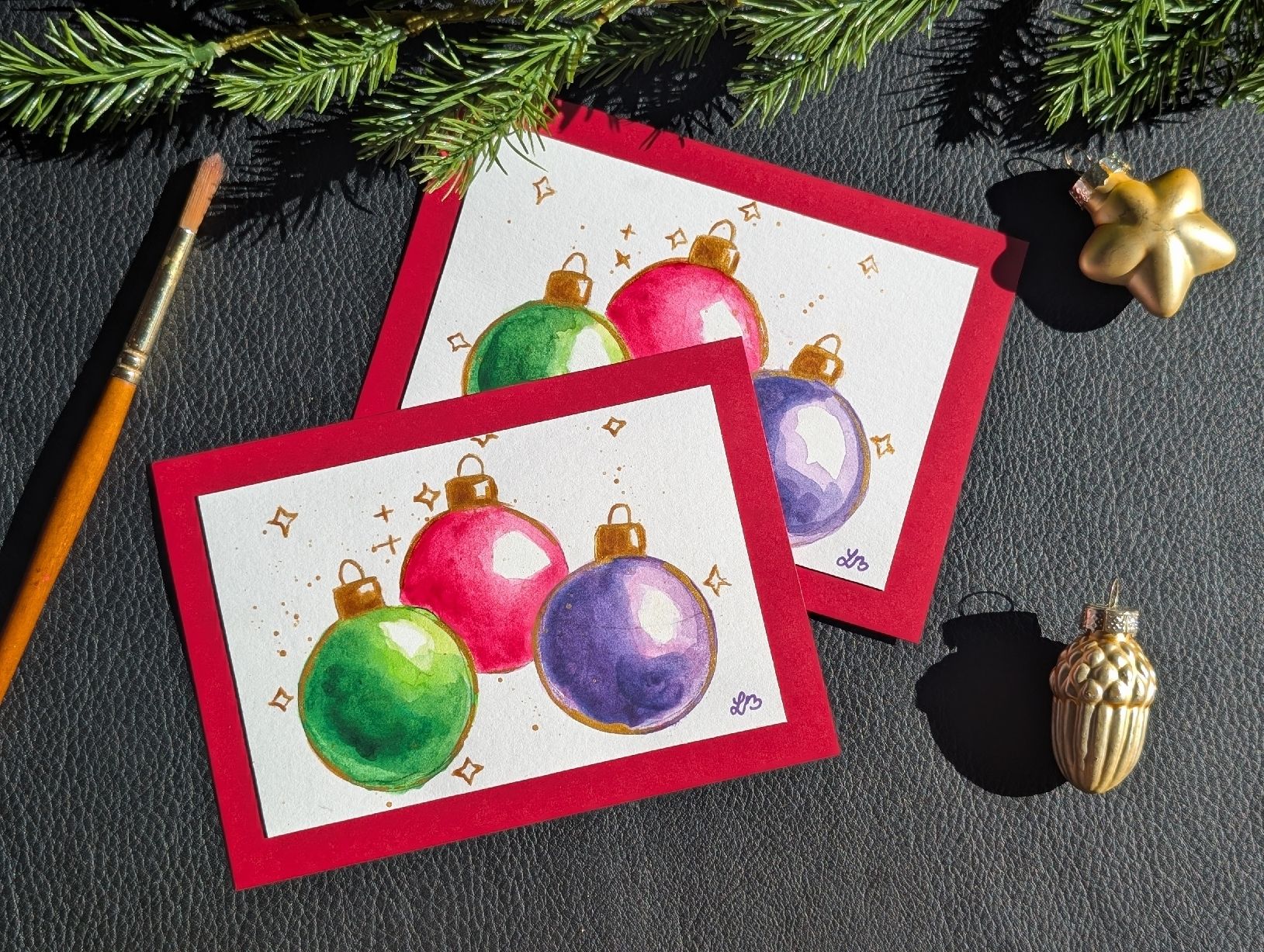 Cartes: 2er Set Handgemachte Weihnachtskarten Aquarell Kugeln – Neuf avec emballage d'origine à Winterthur par LaVieColor