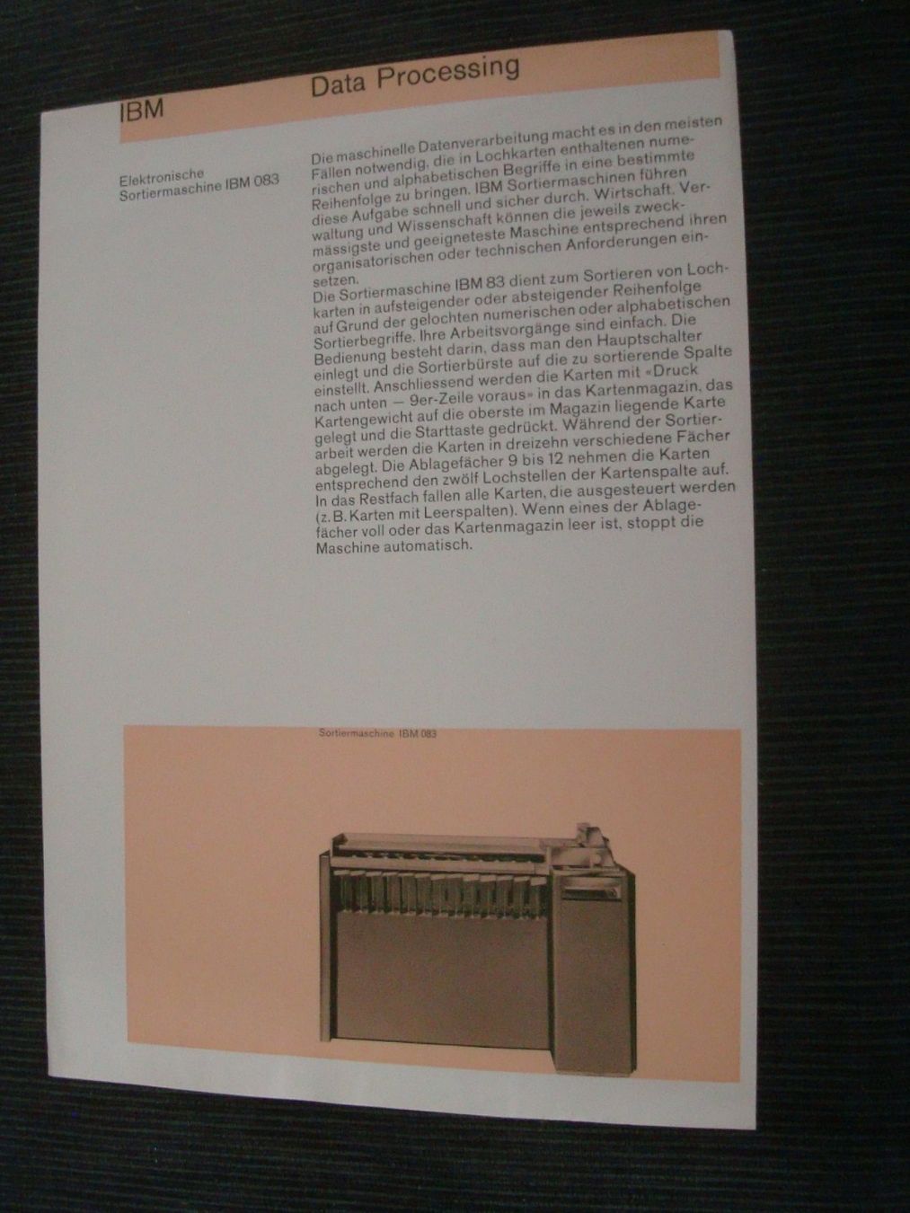 Dokumente: IBM Data Processing Sortiermaschine IBM 083 - Prospektblatt – Gebraucht aus Neuenegg von flohcante