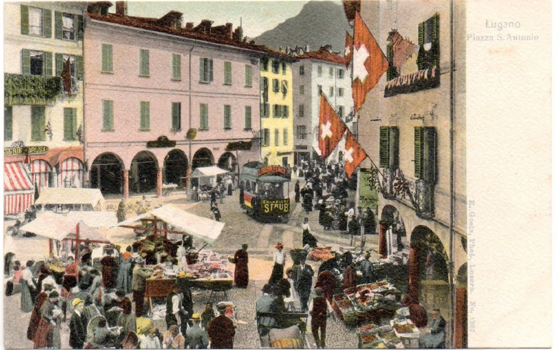Cartoline postali: LUGANO Piazza S. Antonio, Markt, Tram – Nuovo (secondo la descrizione) da Jona venduto da philajona