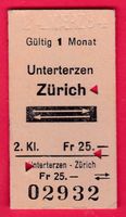 KARTON BILLETT, UNTERTERZEN - ZÜRICH, 2.KLASSE, RETOUR