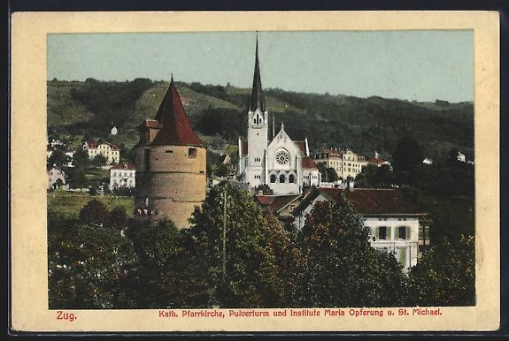 Cartoline postali: Zug, Katholische Pfarrkirche, Pulverturm – Usato da Berlin venduto da bartko-reher
