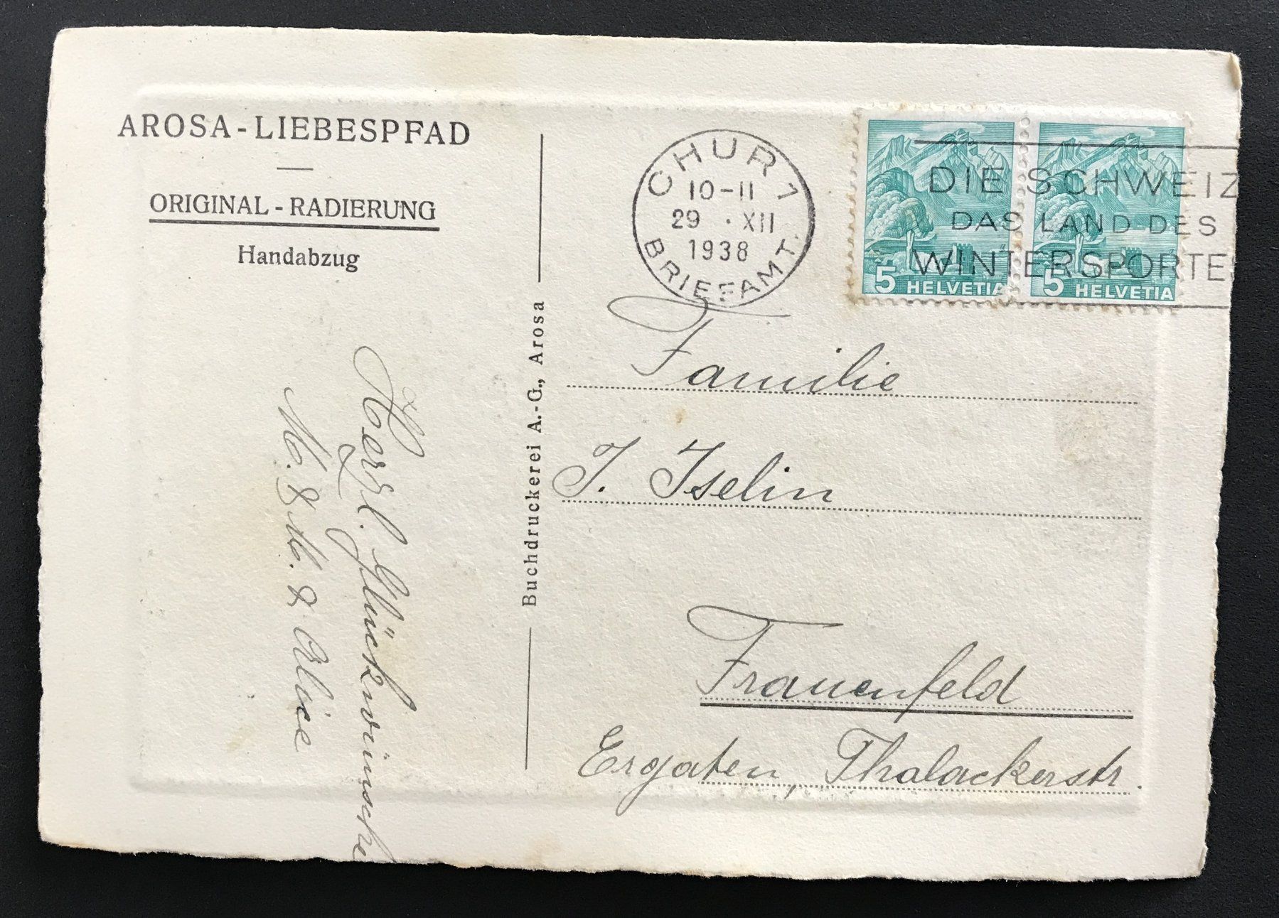 Cartoline postali: ANTIKE AK AROSA-LIEBESPFAD ORIGINAL-RADIERUNG – Usato da Ostermundigen venduto da wini63 1