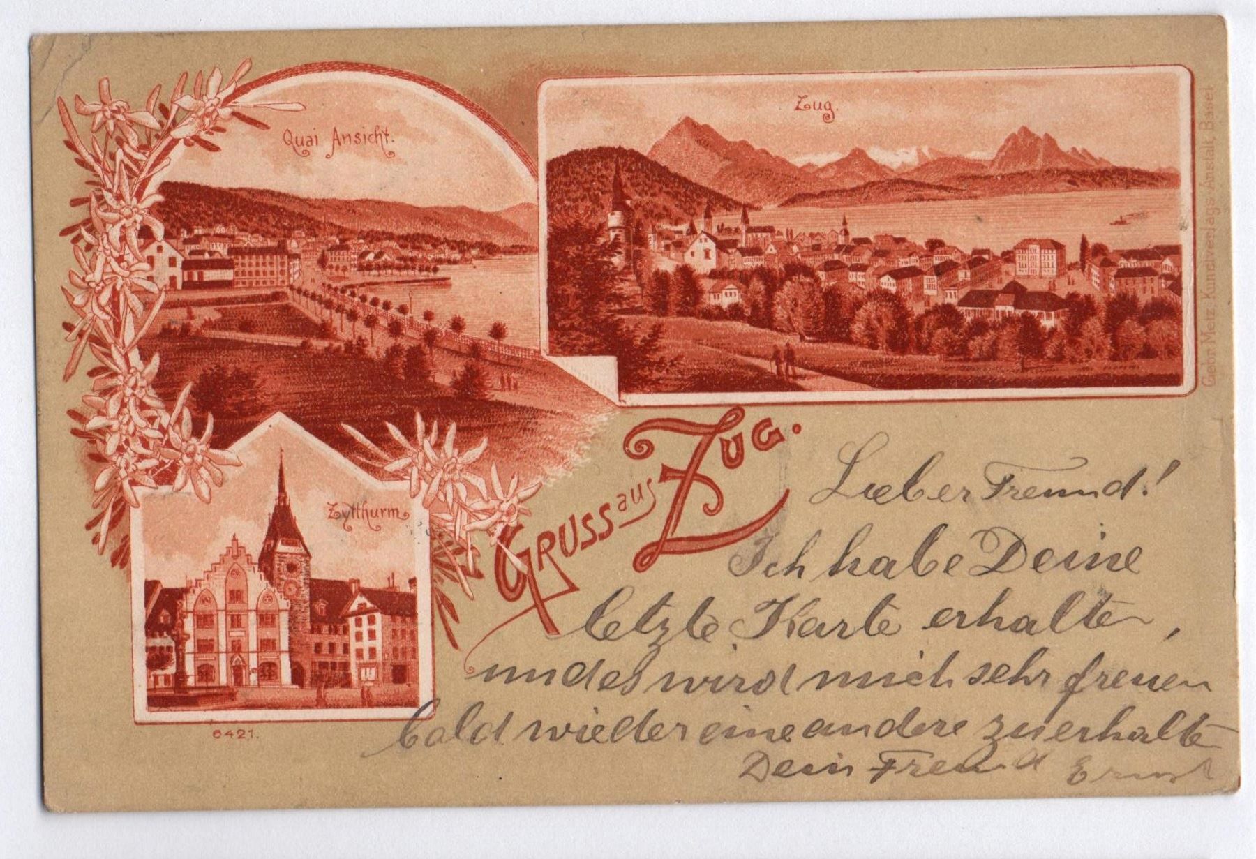 Cartoline postali: 3-Bild-LITHO Gruss aus ZUG 1900 – Usato da Jona venduto da philajona